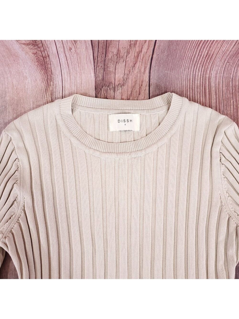 Dissh Womens Small Ada Stone Knit Beige Long Sleeve Ribbed Pullover Sweater Top - Picture 7 of 12